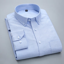 Cargar imagen en el visor de la galería, Camisas Oxford de manga larga a rayas a cuadros para hombre, camisa informal de algodón con botones de ajuste estándar y un solo bolsillo tipo parche