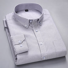 Cargar imagen en el visor de la galería, Camisas Oxford de manga larga a rayas a cuadros para hombre, camisa informal de algodón con botones de ajuste estándar y un solo bolsillo tipo parche