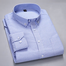 Cargar imagen en el visor de la galería, Camisas Oxford de manga larga a rayas a cuadros para hombre, camisa informal de algodón con botones de ajuste estándar y un solo bolsillo tipo parche