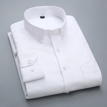 Cargar imagen en el visor de la galería, Camisas Oxford de manga larga a rayas a cuadros para hombre, camisa informal de algodón con botones de ajuste estándar y un solo bolsillo tipo parche