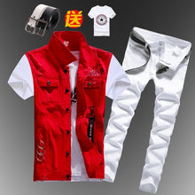 Cargar imagen en el visor de la galería, Nuevo chaleco vaquero informal para hombre y niño, chaleco sin mangas, pantalones vaqueros de verano, pantalones ajustados, conjunto de 2 uds fino M5