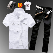 Cargar imagen en el visor de la galería, Nuevo chaleco vaquero informal para hombre y niño, chaleco sin mangas, pantalones vaqueros de verano, pantalones ajustados, conjunto de 2 uds fino M5