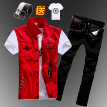Cargar imagen en el visor de la galería, Nuevo chaleco vaquero informal para hombre y niño, chaleco sin mangas, pantalones vaqueros de verano, pantalones ajustados, conjunto de 2 uds fino M5