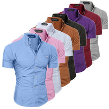 Cargar imagen en el visor de la galería, Camisa ajustada de manga corta para hombre, Tops formales con estilo, pantalón corto informal, camisas de manga con botones, ropa superior lisa de talla grande W3
