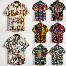 Cargar imagen en el visor de la galería, Camisa de manga corta de lino para hombre, camisas informales holgadas y florales de verano para vacaciones hawaianas, camisetas con botones, blusa de estilo nacional