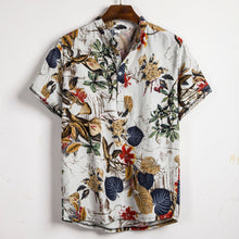 Cargar imagen en el visor de la galería, Camisa de manga corta de lino para hombre, camisas informales holgadas y florales de verano para vacaciones hawaianas, camisetas con botones, blusa de estilo nacional