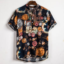 Cargar imagen en el visor de la galería, Camisa de manga corta de lino para hombre, camisas informales holgadas y florales de verano para vacaciones hawaianas, camisetas con botones, blusa de estilo nacional