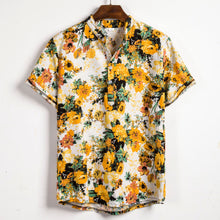 Cargar imagen en el visor de la galería, Camisa de manga corta de lino para hombre, camisas informales holgadas y florales de verano para vacaciones hawaianas, camisetas con botones, blusa de estilo nacional