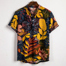 Cargar imagen en el visor de la galería, Camisa de manga corta de lino para hombre, camisas informales holgadas y florales de verano para vacaciones hawaianas, camisetas con botones, blusa de estilo nacional