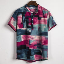 Cargar imagen en el visor de la galería, Camisa de manga corta de lino para hombre, camisas informales holgadas y florales de verano para vacaciones hawaianas, camisetas con botones, blusa de estilo nacional