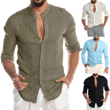 Cargar imagen en el visor de la galería, Dropshipping moda hombres Casual cuello redondo botón sólido playa manga larga blusa Casual vestido mujeres estilo coreano