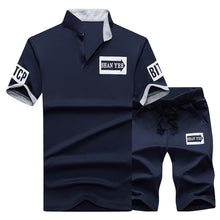 Load image into Gallery viewer, Brand Sportsuits Set Men 2019 Fitness Suits Summer 2PC Top Short Set Mens Stand Collar Fashion 2 Pieces T-shirt Shorts Tracksuit