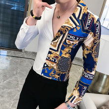 Cargar imagen en el visor de la galería, Camisa de lujo en negro y dorado, camisa barroca de otoño 2019, camisa manga larga para hombre, camisa informal de retazos, camisa ajustada con estampado para fiesta y Club