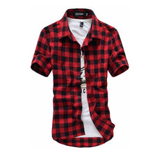 Cargar imagen en el visor de la galería, Camisa a cuadros roja y negra para hombre, camisas de moda de verano 2020, camisas a cuadros para hombre, camisa de manga corta, blusa para hombre