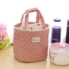 Load image into Gallery viewer, Portable Linen Cotton Polka Dot Drawstring Insulated Food Lunch Box Bag Gift

