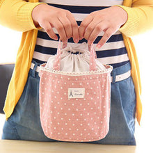 Load image into Gallery viewer, Portable Linen Cotton Polka Dot Drawstring Insulated Food Lunch Box Bag Gift
