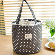 Load image into Gallery viewer, Portable Linen Cotton Polka Dot Drawstring Insulated Food Lunch Box Bag Gift
