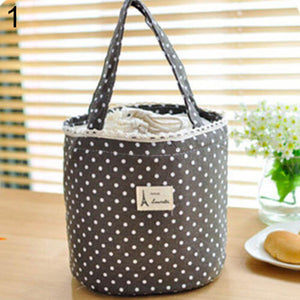 Portable Linen Cotton Polka Dot Drawstring Insulated Food Lunch Box Bag Gift