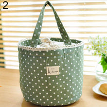 Load image into Gallery viewer, Portable Linen Cotton Polka Dot Drawstring Insulated Food Lunch Box Bag Gift
