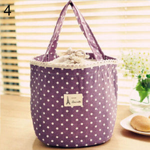 Portable Linen Cotton Polka Dot Drawstring Insulated Food Lunch Box Bag Gift