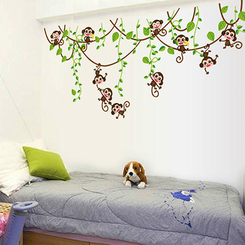 Home Kid Room Decoration Cartoon Cute Monkeys Climbing Jungle Tree Wall Sticker