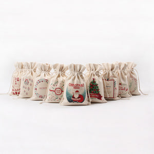 Merry Christmas Santa Claus Xmas Tree Wreath Print Canvas Gift Storage Cinch Bag