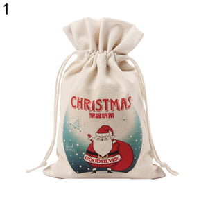 Merry Christmas Santa Claus Xmas Tree Wreath Print Canvas Gift Storage Cinch Bag