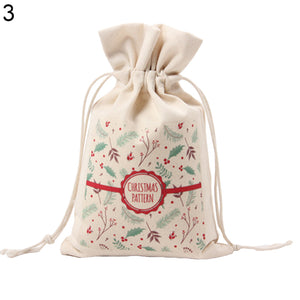 Merry Christmas Santa Claus Xmas Tree Wreath Print Canvas Gift Storage Cinch Bag