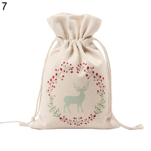 Merry Christmas Santa Claus Xmas Tree Wreath Print Canvas Gift Storage Cinch Bag