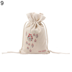 Merry Christmas Santa Claus Xmas Tree Wreath Print Canvas Gift Storage Cinch Bag