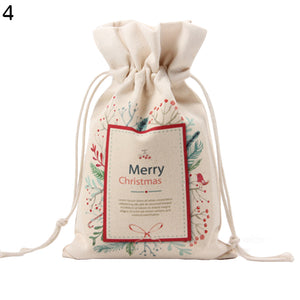 Merry Christmas Santa Claus Xmas Tree Wreath Print Canvas Gift Storage Cinch Bag