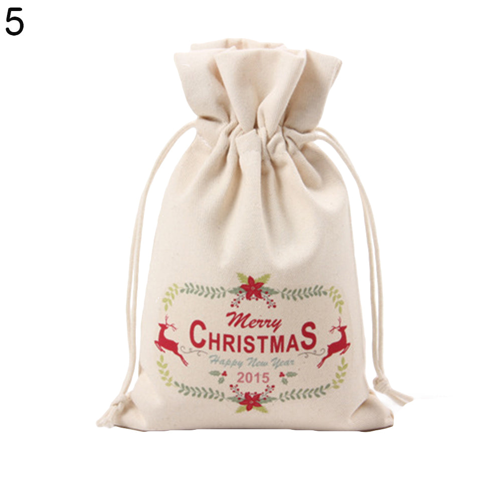 Merry Christmas Santa Claus Xmas Tree Wreath Print Canvas Gift Storage Cinch Bag
