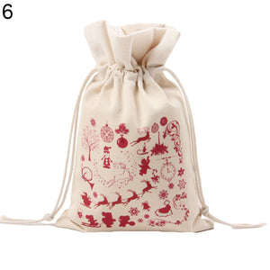 Merry Christmas Santa Claus Xmas Tree Wreath Print Canvas Gift Storage Cinch Bag
