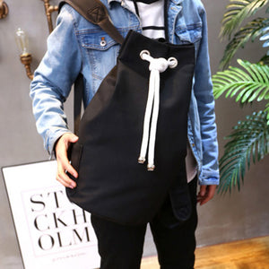 Men's Solid Color Drawstring Canvas Large Capacity Bucket Bag Casual Backpack