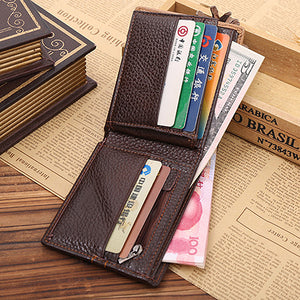 Men Coffee Full-Grain Leather Bifold Wallet Credit Card Holder Slim Coin Purse