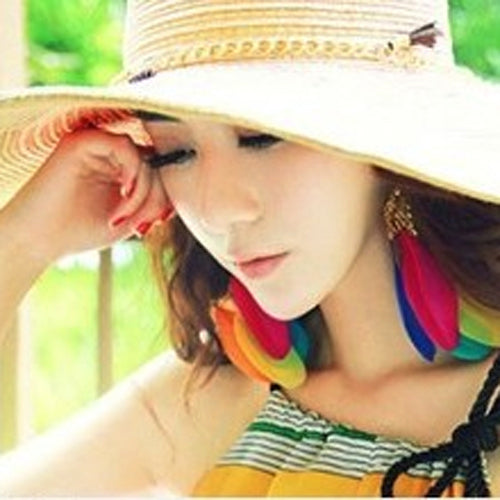 Pendientes largos con forma de pluma hechos a mano de Color de contraste bohemio para mujer