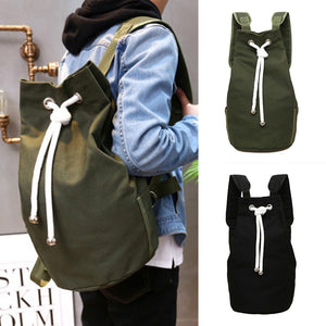 Men's Solid Color Drawstring Canvas Large Capacity Bucket Bag Casual Backpack