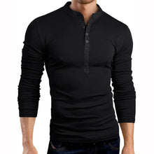 Cargar imagen en el visor de la galería, Blusa fina de otoño 2019 para hombre, camiseta ajustada de manga larga con cuello en V, camisetas informales, camisetas Henley de color sólido
