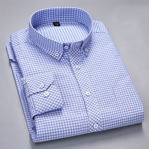 Men's Long-Sleeve Plaid Striped Oxford Shirts Single Patch Pocket Premium Quality Standard-fit Button Down Cotton Casual Shirt