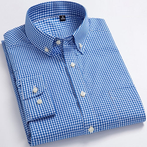 Men's Casual Long Sleeve Checkered Dress Shirts Standard-fit Comfortable Soft 100% Cotton Button-down Plaid Striped Tops Shirt