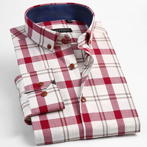 Men's 100% Cotton Long Sleeve Contrast Plaid Checkered Shirt Male Smart Casual Tops Standard-fit Button Down Gingham Shirts