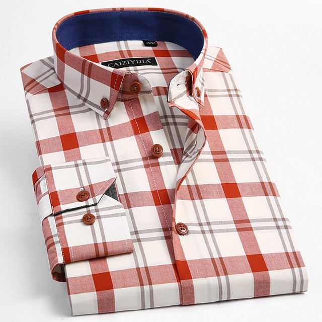Men's 100% Cotton Long Sleeve Contrast Plaid Checkered Shirt Male Smart Casual Tops Standard-fit Button Down Gingham Shirts