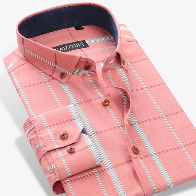 Men's 100% Cotton Long Sleeve Contrast Plaid Checkered Shirt Male Smart Casual Tops Standard-fit Button Down Gingham Shirts