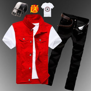 New Mens Boys Casual Denim Vest Sleeveless Waistcoat Summer Jeans Pants Trousers Slim Fit 2pcs Set Thin M5