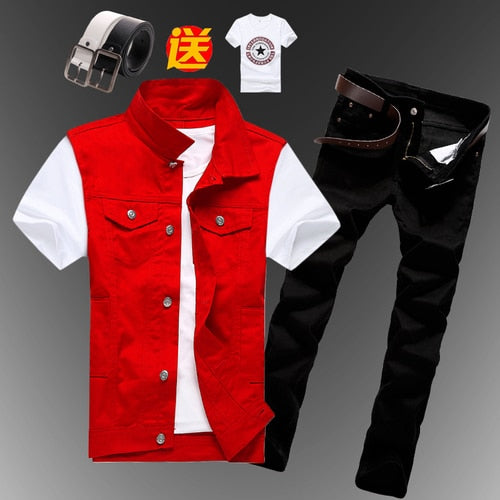 New Mens Boys Casual Denim Vest Sleeveless Waistcoat Summer Jeans Pants Trousers Slim Fit 2pcs Set Thin M5