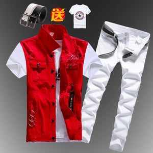 New Mens Boys Casual Denim Vest Sleeveless Waistcoat Summer Jeans Pants Trousers Slim Fit 2pcs Set Thin M5