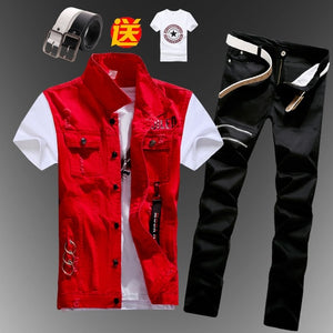 New Mens Boys Casual Denim Vest Sleeveless Waistcoat Summer Jeans Pants Trousers Slim Fit 2pcs Set Thin M5