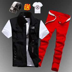 New Mens Boys Casual Denim Vest Sleeveless Waistcoat Summer Jeans Pants Trousers Slim Fit 2pcs Set Thin M5