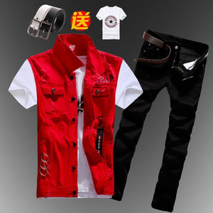 New Mens Boys Casual Denim Vest Sleeveless Waistcoat Summer Jeans Pants Trousers Slim Fit 2pcs Set Thin M5