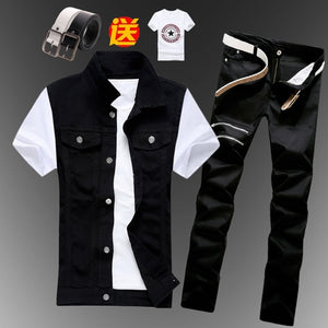 New Mens Boys Casual Denim Vest Sleeveless Waistcoat Summer Jeans Pants Trousers Slim Fit 2pcs Set Thin M5